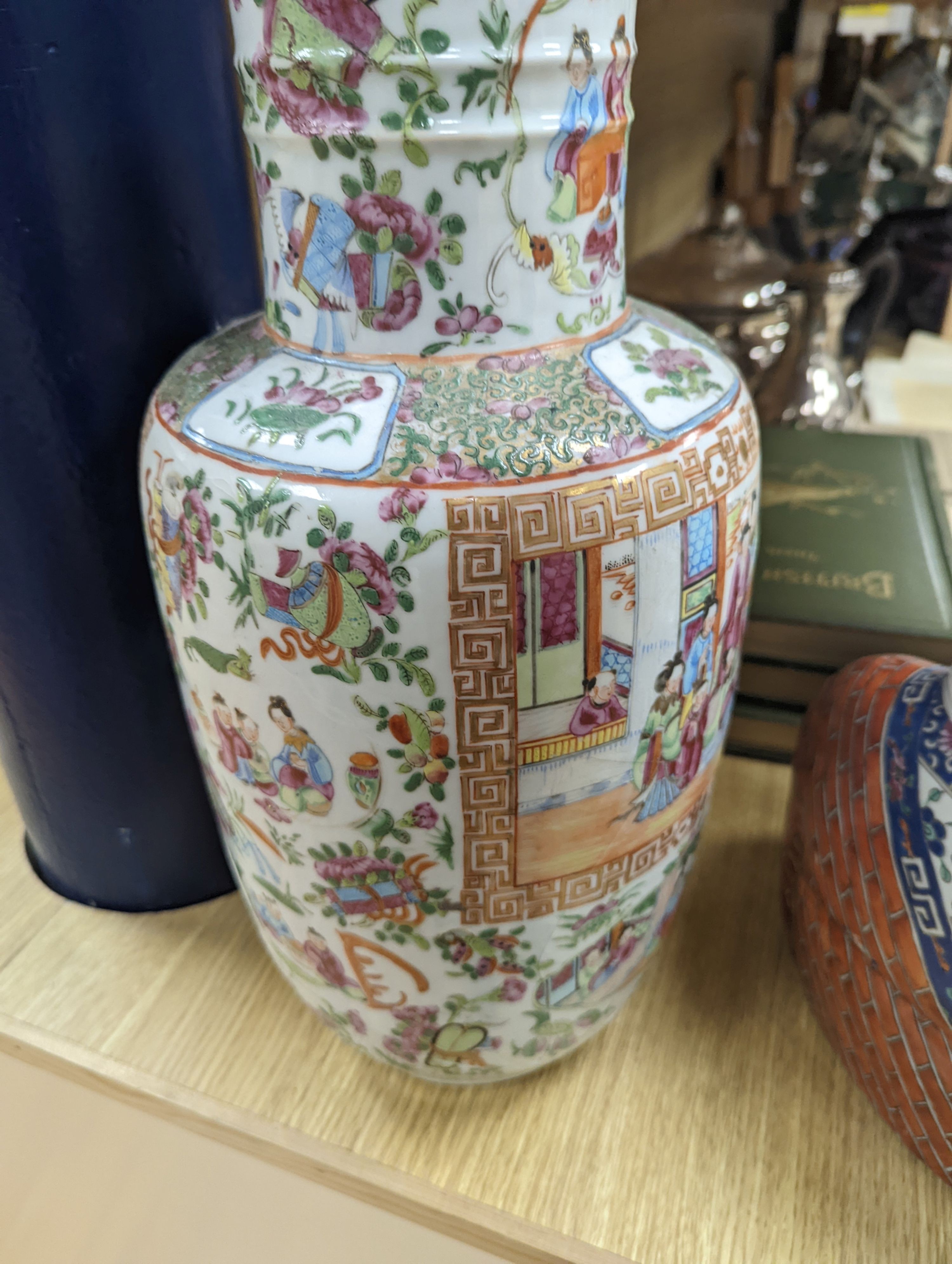 A Chinese famille rose vase, a figure of Budai, a turquoise glaze vase etc, vase 45 cms high.